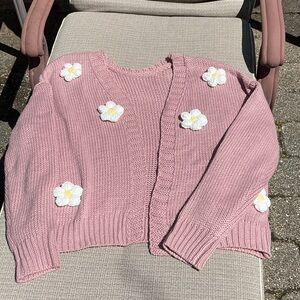 Pink Floral Appliqué Knit Cardigan Sweater